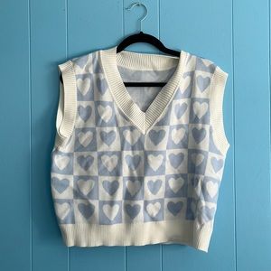 Women Heart Checker Print Sweater Vest V Neck Color Block Sleeveless Pullover